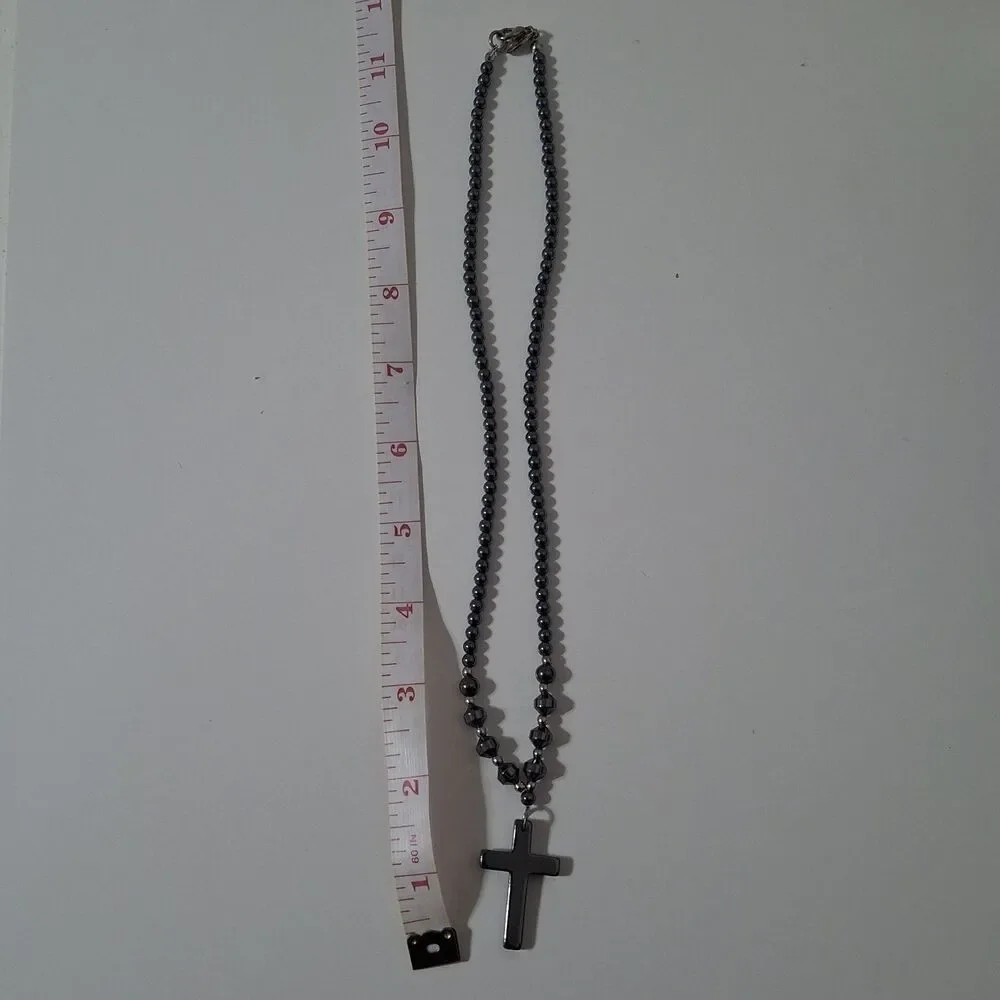 Panama Jack Gun Metal Gray Beaded Cross Necklace Spiritual God Religious